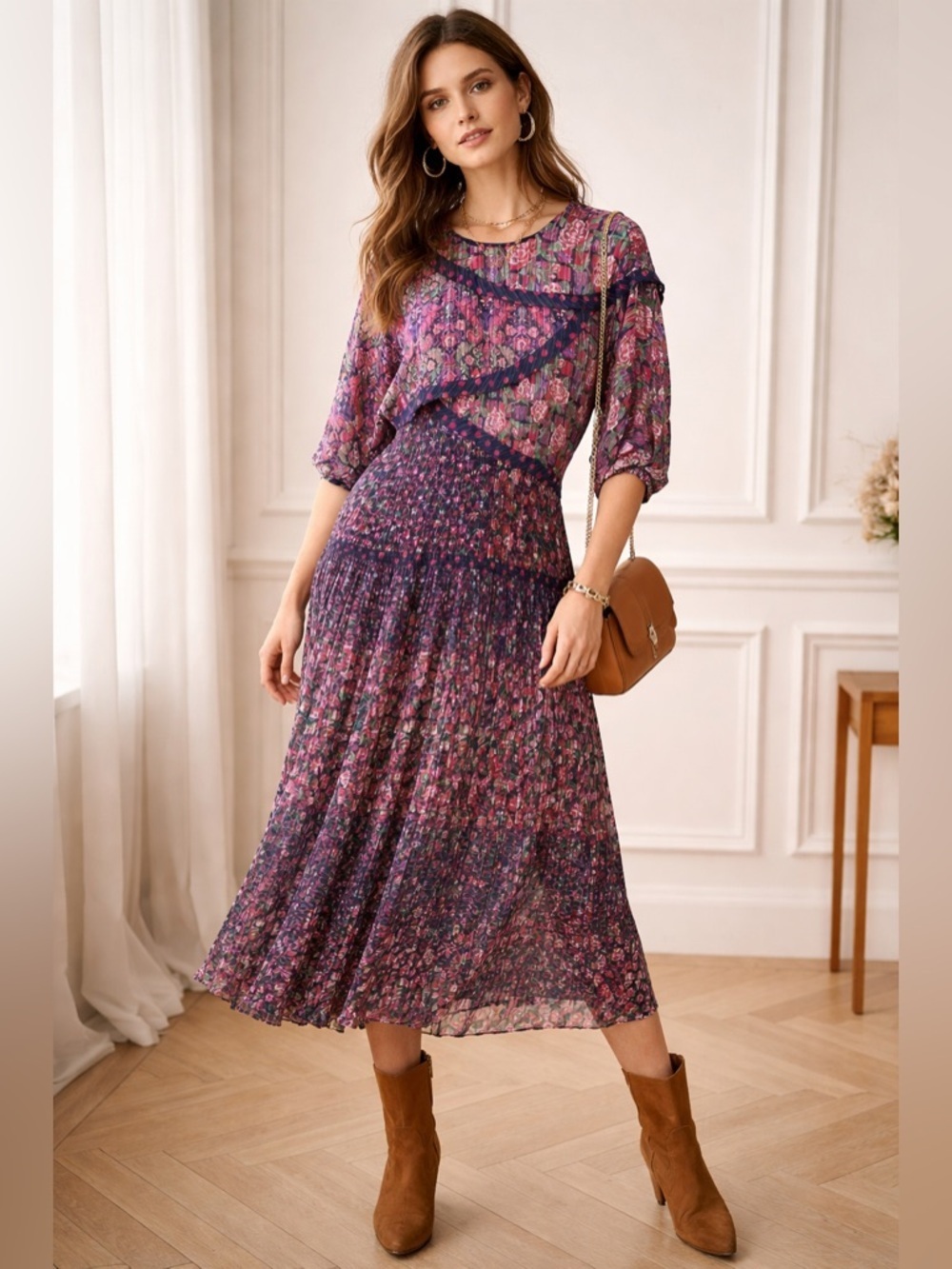 Diane Freis 1980s floral printed pleated dress vintage bold bright pattern L-XL